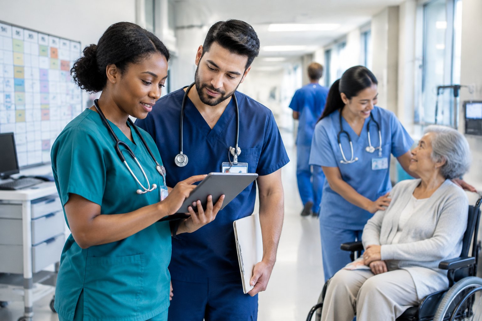 Pflegekräfte stimmen sich in einem Krankenhaus ab, während eine Pflegekraft einen älteren Patienten betreut.